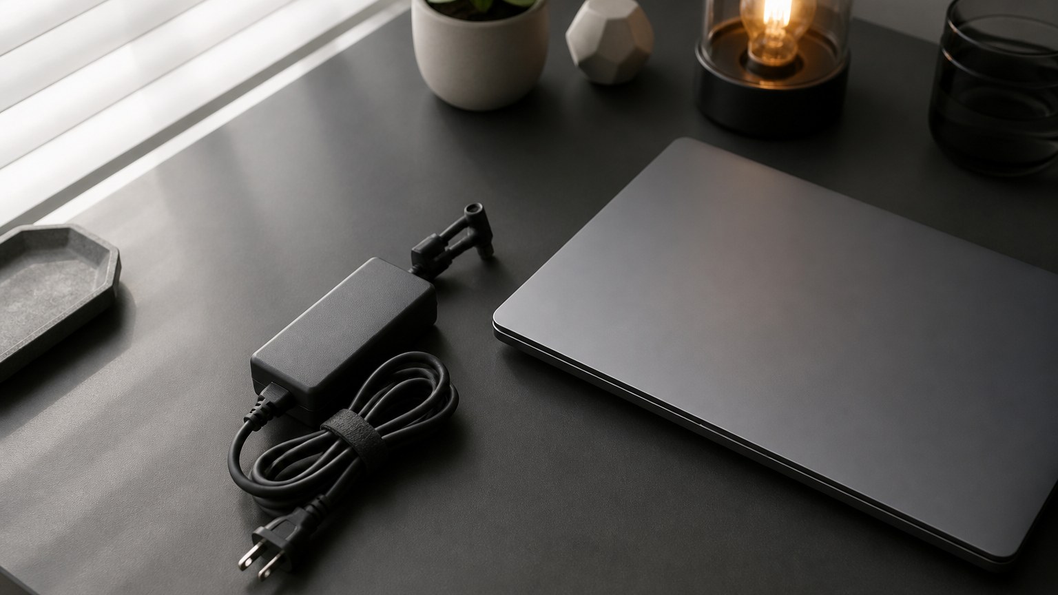 机に置いた電源アダプターとノートパソコンのイメージ