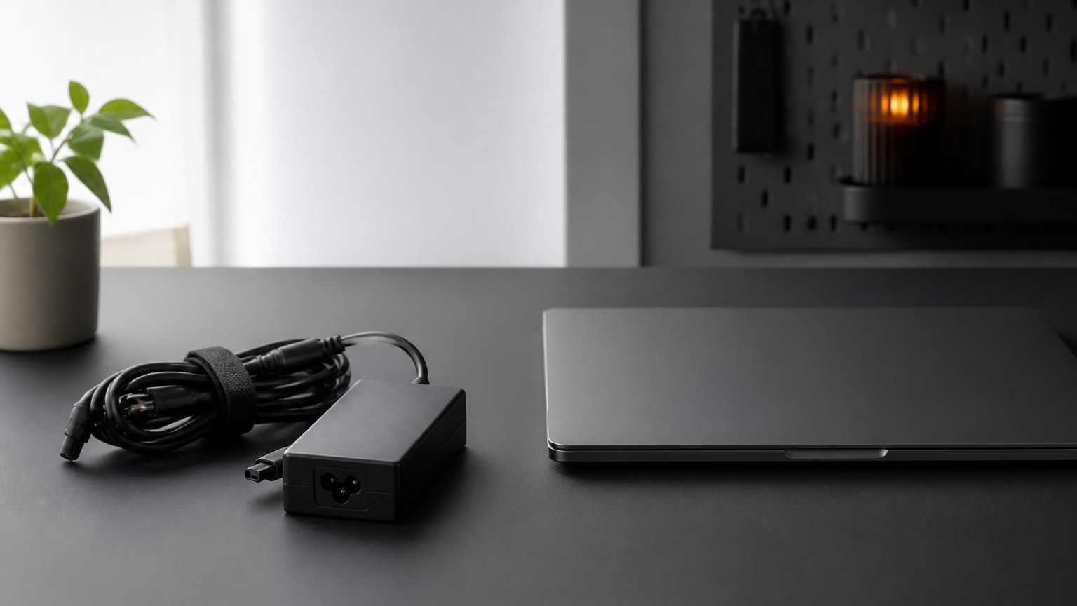 机に置いた電源アダプターとノートパソコンのイメージ