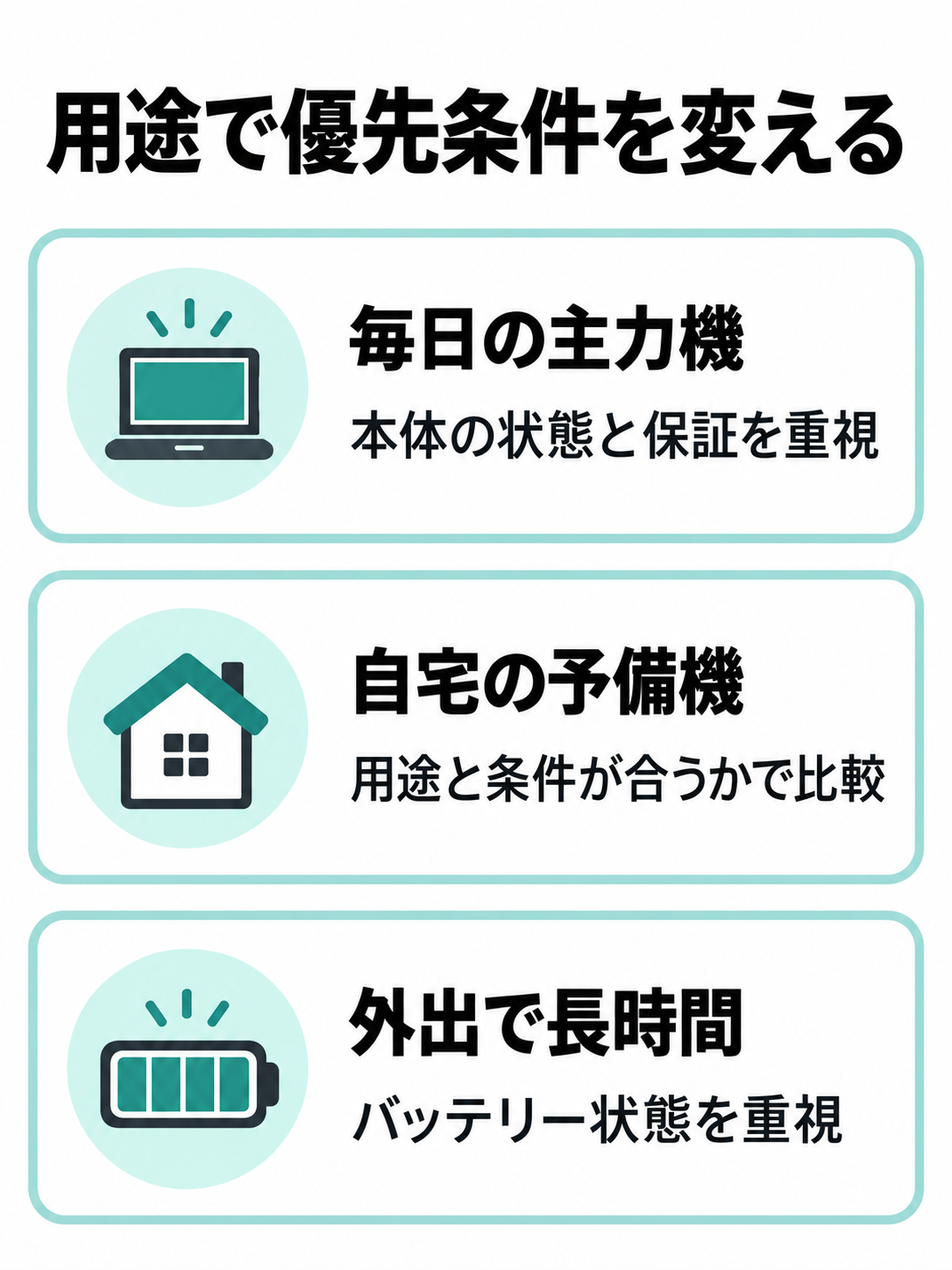 中古ノートPCを毎日の主力機、自宅の予備機、外出で長時間使う場合に分け、状態や保証とバッテリーを優先して選ぶ図