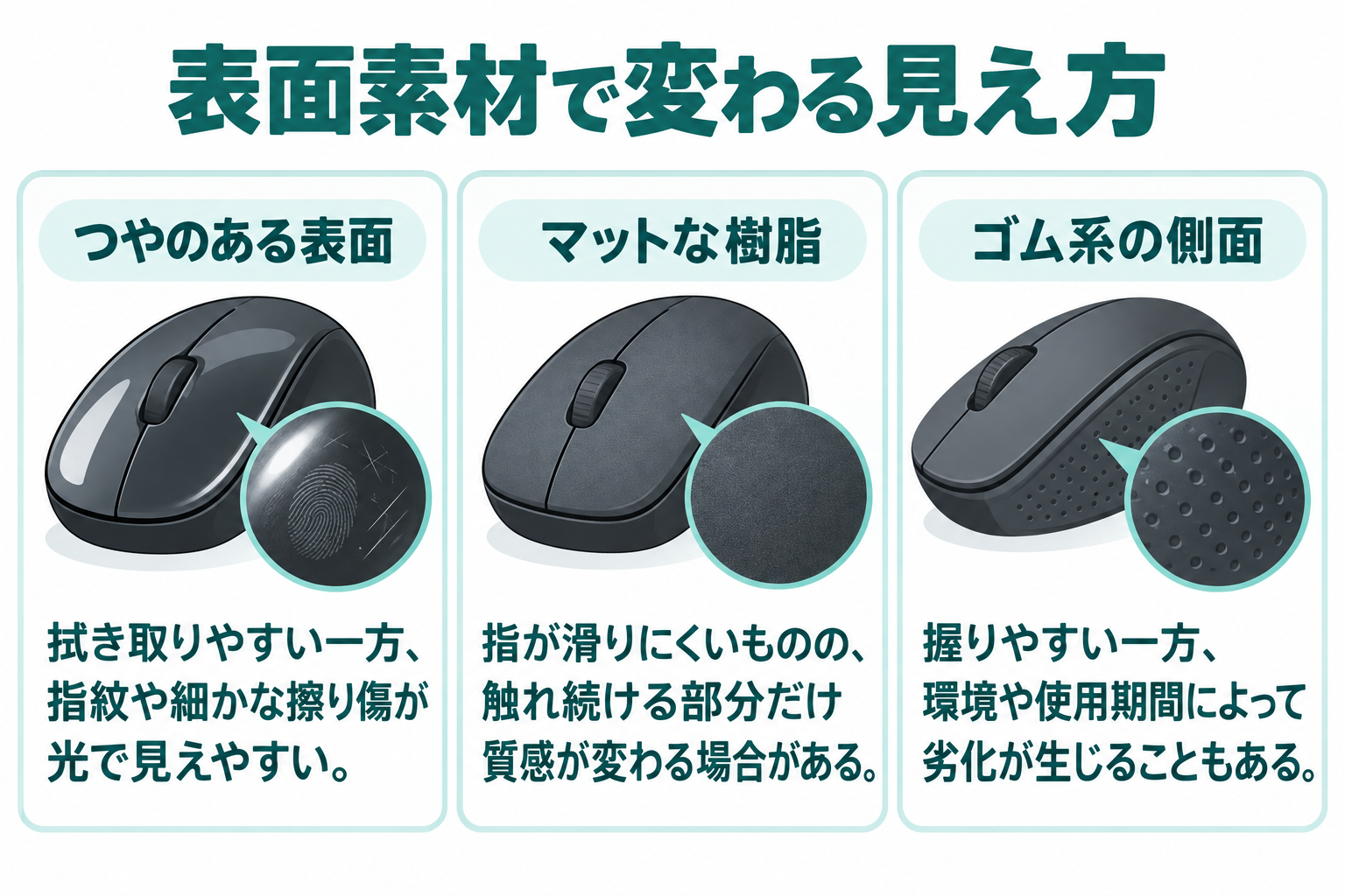 つやのある表面、マットな樹脂、ゴム系の側面について、見えやすい変化と確認点を比べる図。