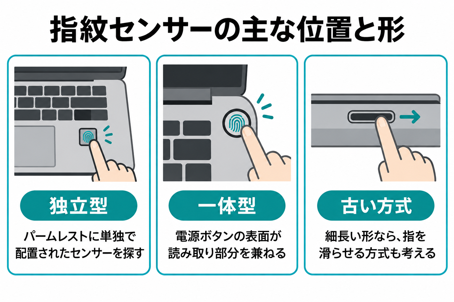 ノートPCの模式図で、パームレストの独立型、電源ボタン一体型、細長いスワイプ式の位置と形の違いを並べた比較図。