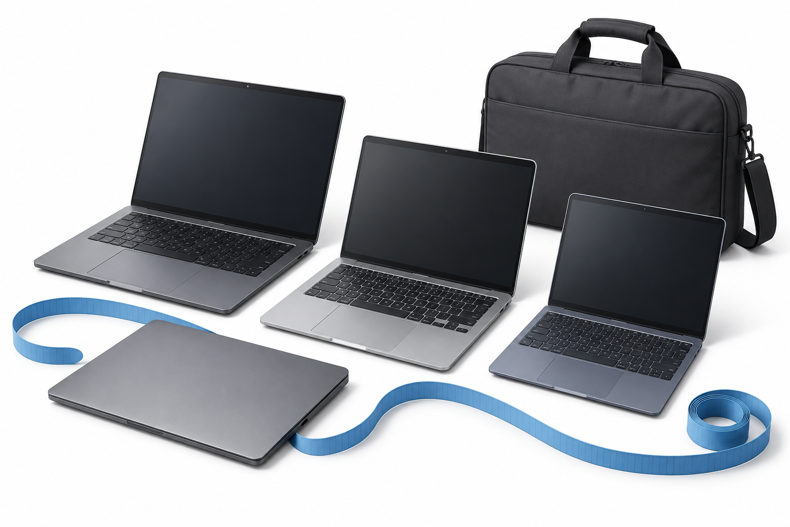 大きさの異なる無地のノートパソコンとバッグ、メジャーを並べた、文字やロゴのない中古PCサイズ比較のアイキャッチ