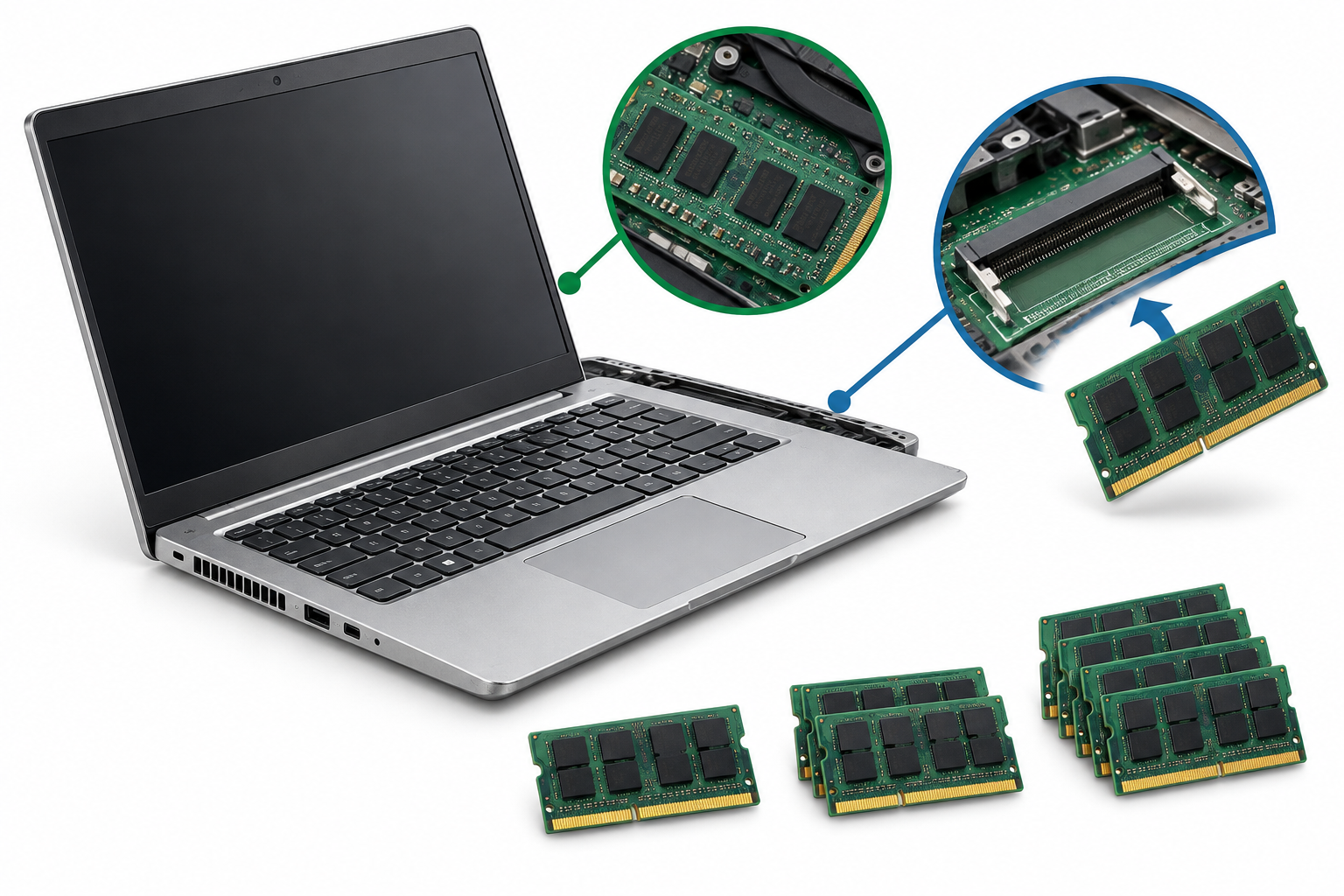 無地の中古ノートPCと基板上のメモリ、着脱式SO-DIMMを並べた、ブランド名や文字のないアイキャッチ