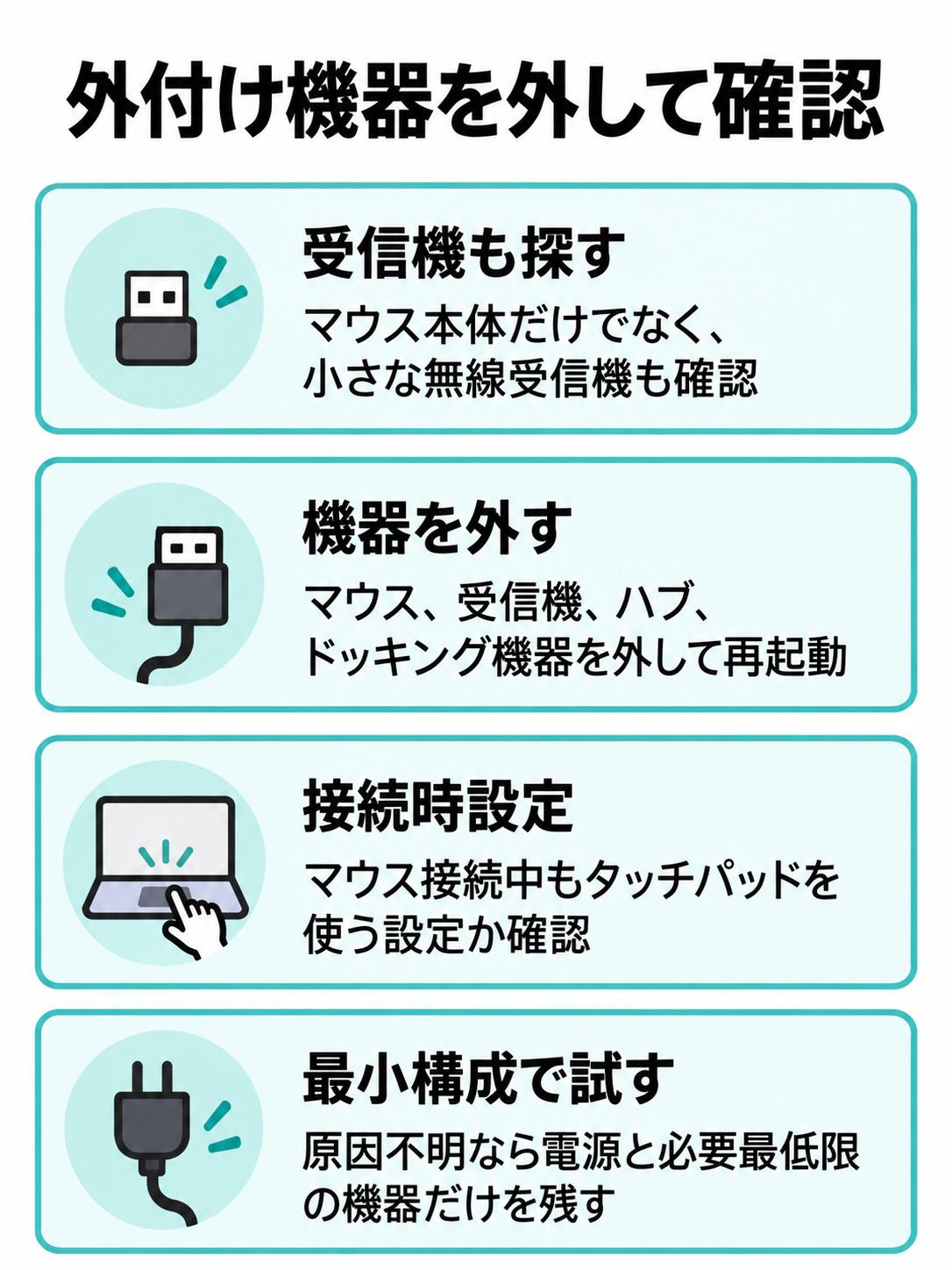 無線受信機、USBマウス、USBハブ、ドッキング機器を確認し、最小構成で内蔵パッドを試すチェックリスト