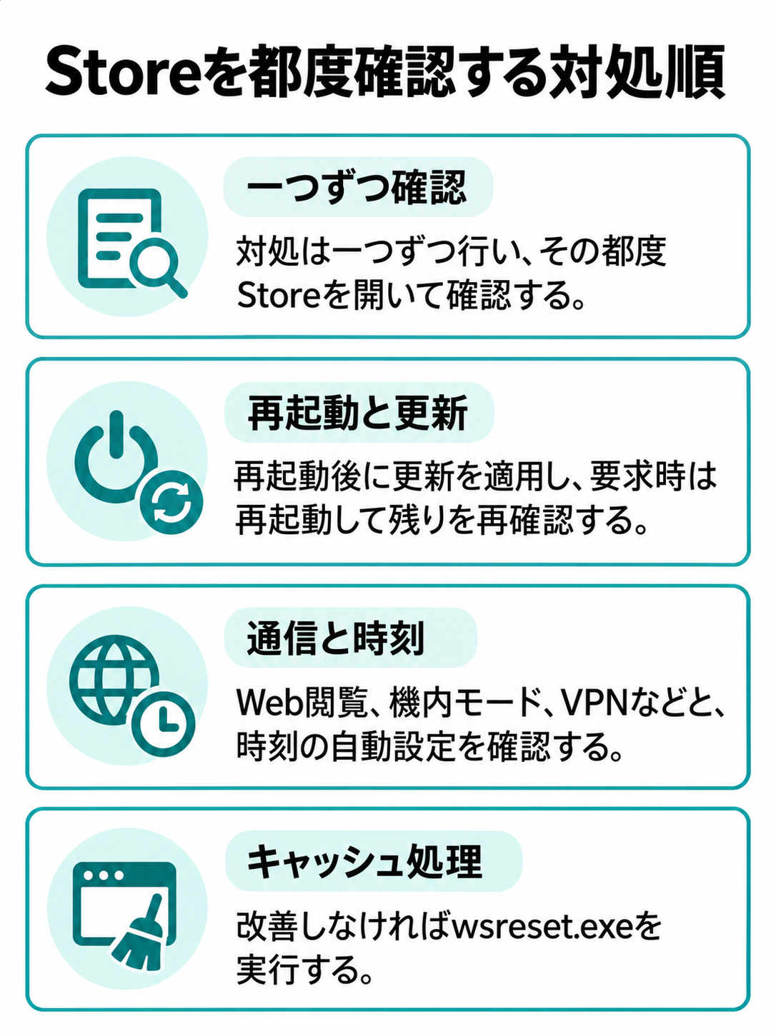 各対処後にStoreを確認し、改善しなければ再起動と更新、通信と時刻の確認、キャッシュ処理へ順に進むフロー。