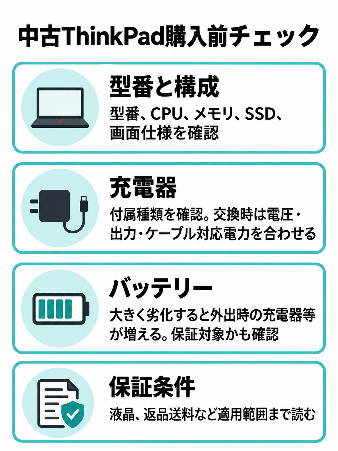中古ThinkPadを購入する前に確認する型番と構成、付属充電器、交換時の対応仕様、バッテリー、保証条件のチェックリスト