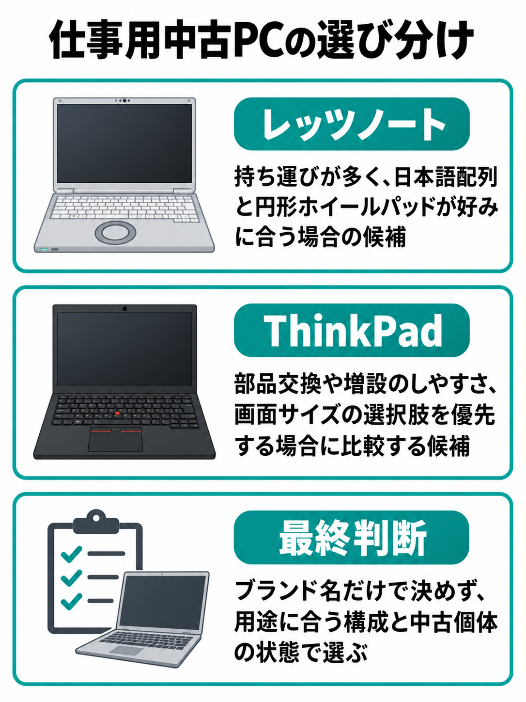 軽さや日本語配列と円形ホイールパッドを重視するレッツノートと、部品交換や増設、画面サイズの選択肢を重視するThinkPadを対比した図