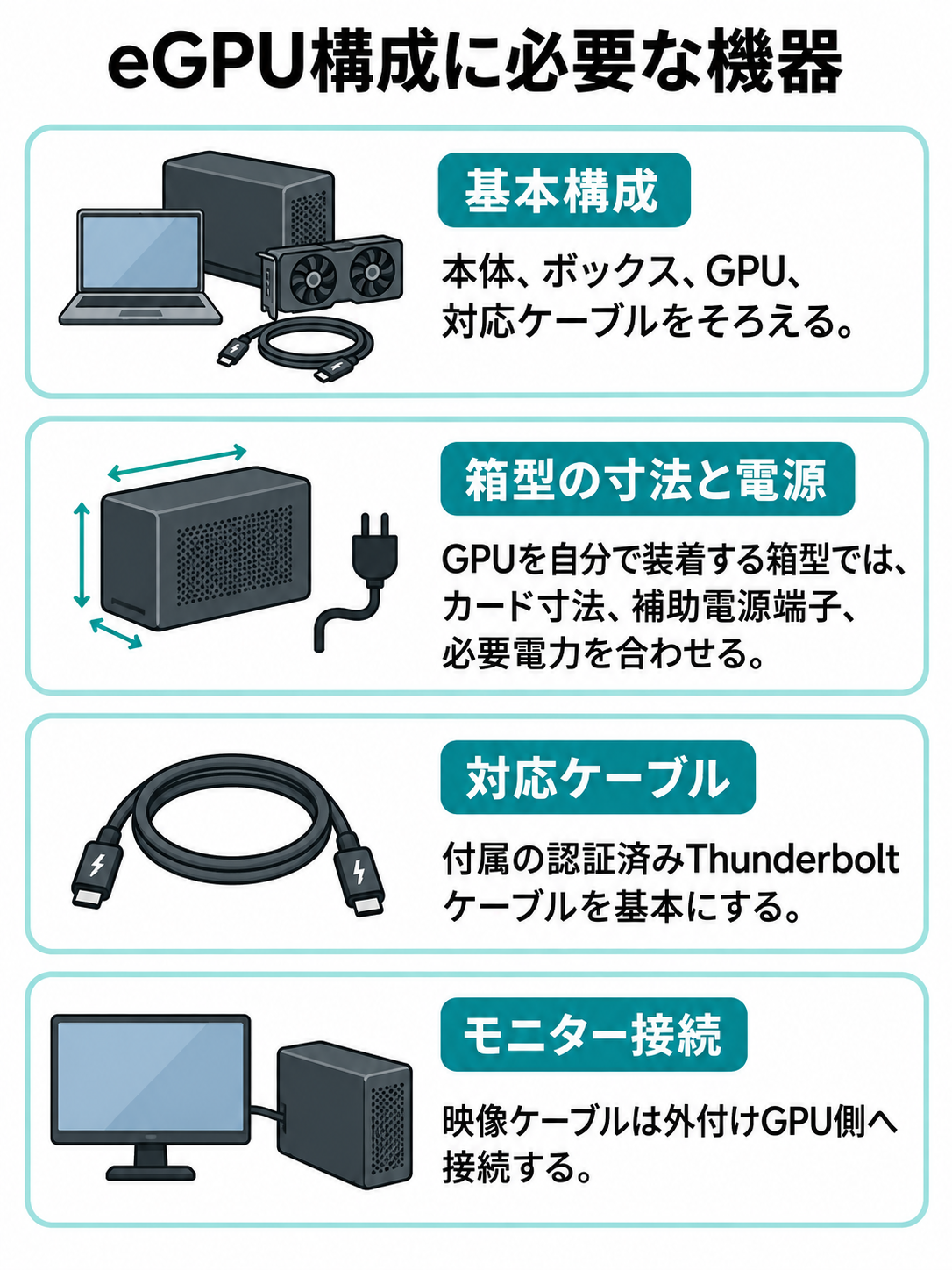 ノートPC、eGPUボックス、グラフィックボード、Thunderboltケーブル、外部モニターの役割と確認点を整理した構成チェック図。