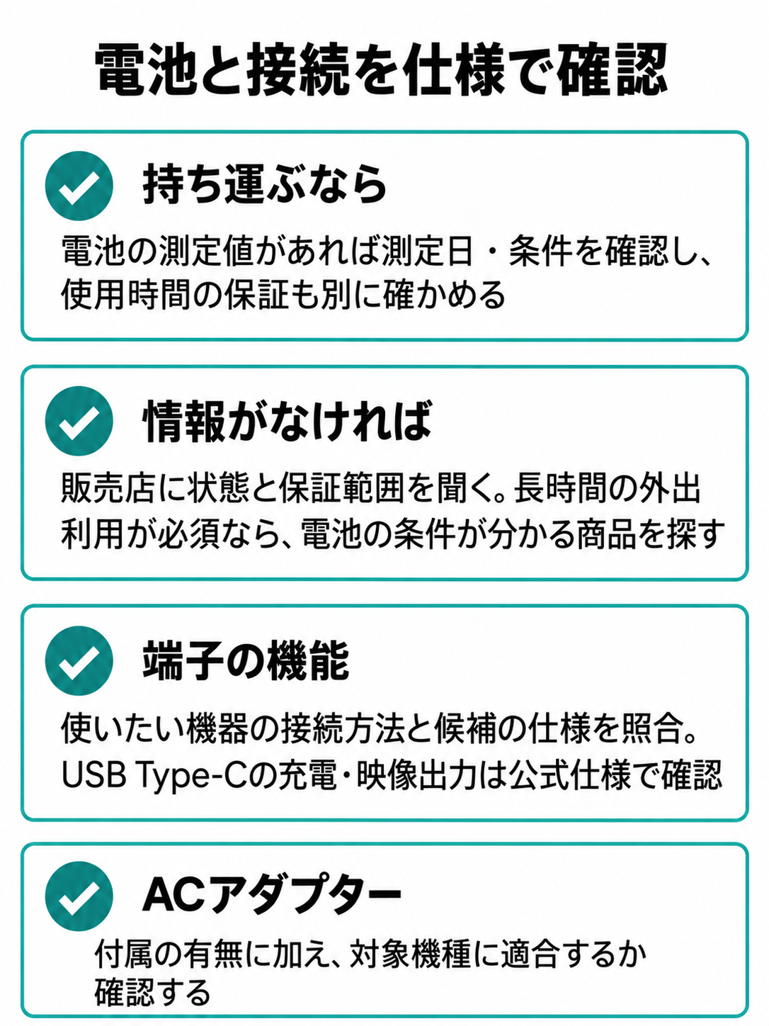 持ち運ぶ場合の電池情報、情報がない場合の問い合わせ、端子の機能、ACアダプターの適合を確認する図。
